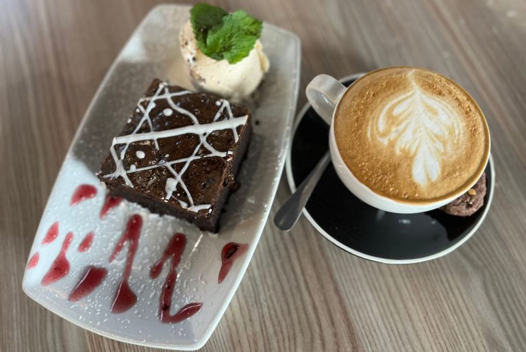 Chocolate dessert and coffee at L'Opera Knysna