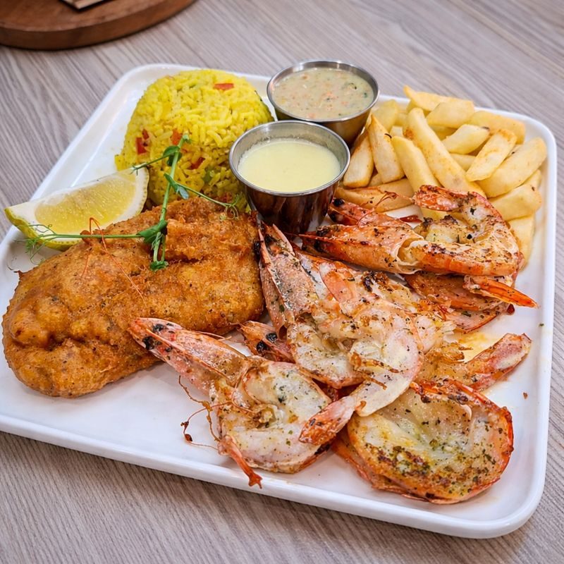 Hake & prawn combo fresh seafood L'Opera dining